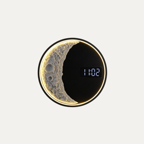 Celestial Moon Wall Light with clock on a plain background