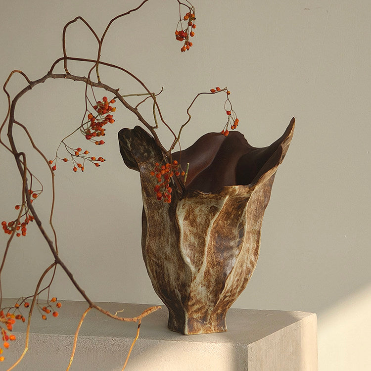 Earthform sculptural ceramic vase in earthy brown