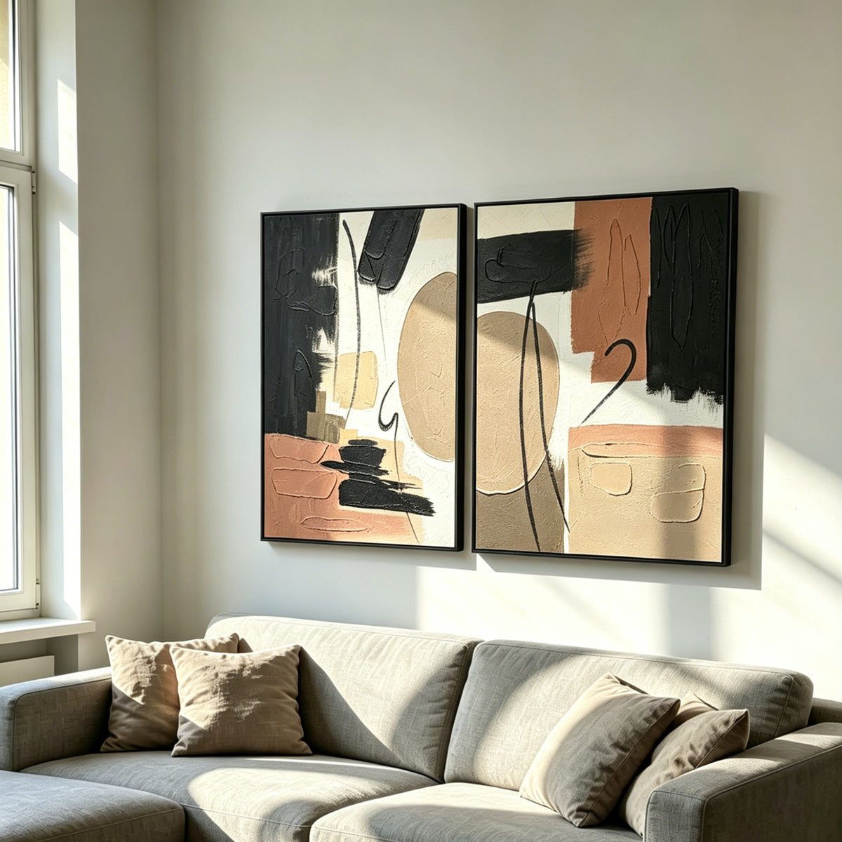 Abstract canvas art set of 2 in black, beige and terracotta