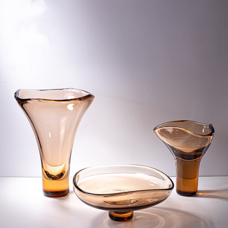 Amber art glass vases with organic rims